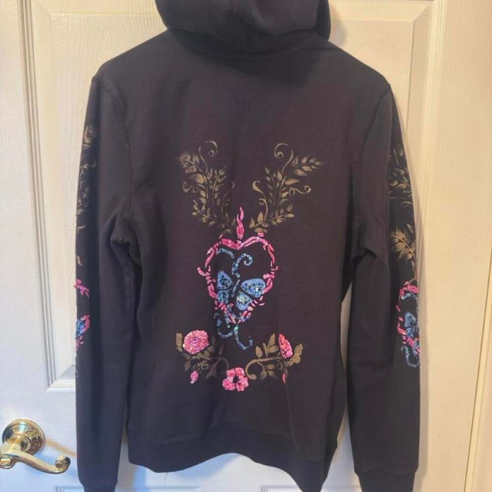 Twisted Heart America Zip Up Hoodie Size M Black Skull Rhinestone